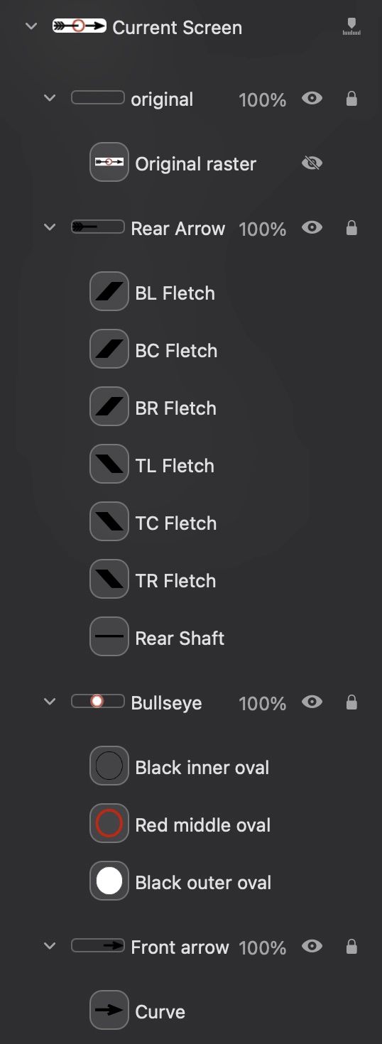 A list of layers: The original raster for reference, a layer containing six bits that comprise the fletch, and a rectangle for the rear shaft, three circles for the bullseye roundel, and a custom shape for the arrowhead