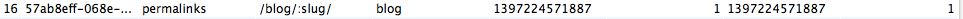 An image of a single row in a SQL database, showing that a 'permalinks' key has been changed to /blog/:slug:/