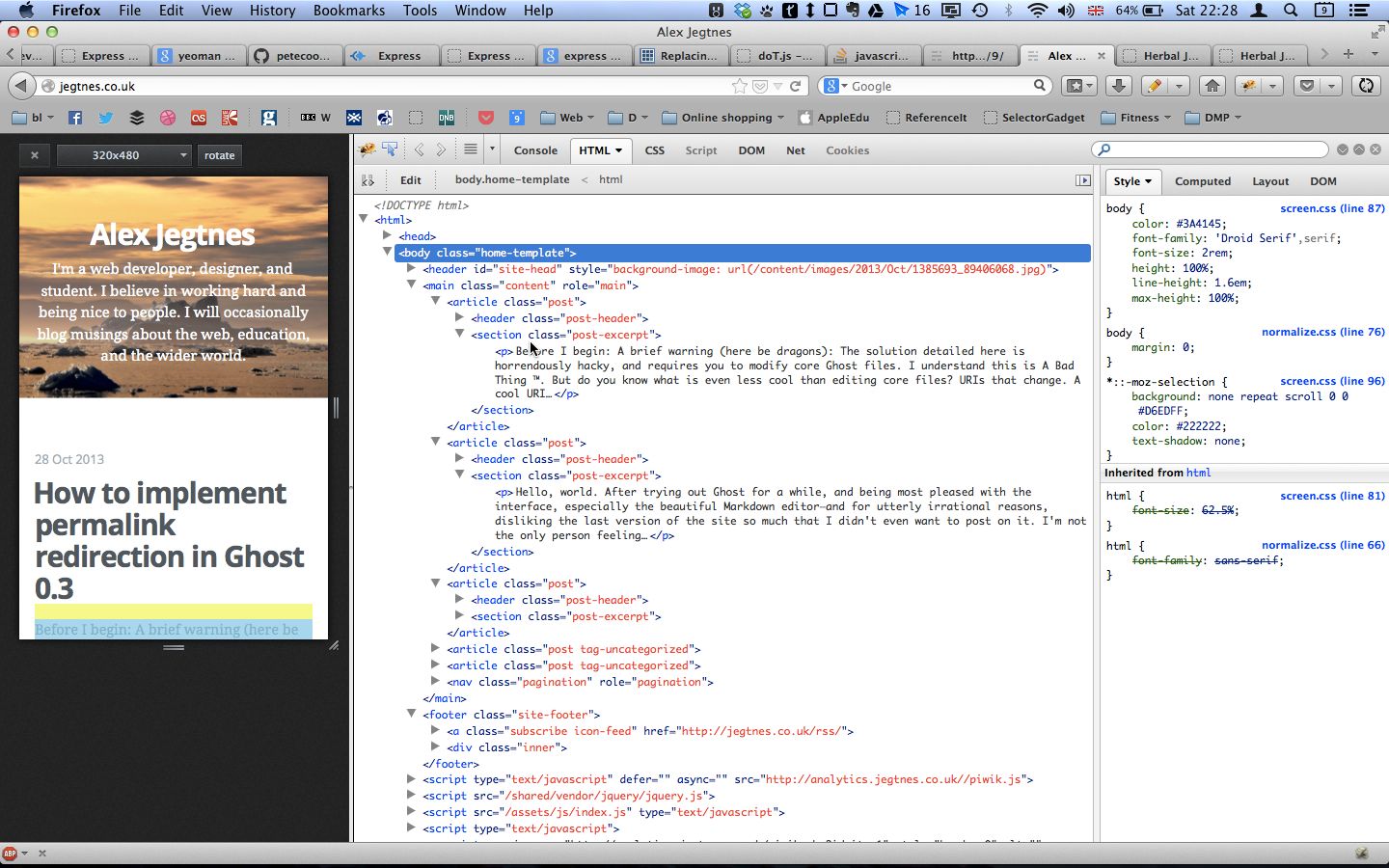 A screenshot of my single monitor workflow with the web inspector docked to the right of the screen, and a phone-sized site container to the left